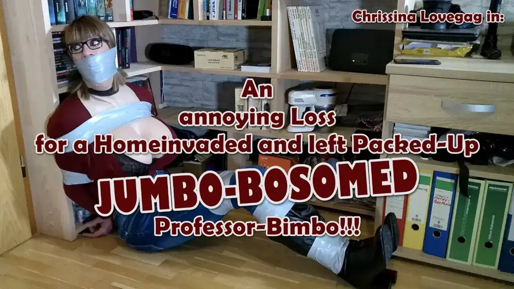 A0524 Buxom Professor in Distress 伪娘<br>Chrissina is a professor at a university and at the moment busy in her private flat. While she searches through her books, she got a call by a friend who aks her about the progress of the translation of a historic book he found. Normally the very busty gal has no time for this but for him she starts with the study. After a while she finds a very imprtant hint and is totally happy about this found. But before she can continue, she becomes disturbed by her front door bell where she becomes brutally knocked down by a stranger after opening! Some time later Chrissina awakes again and must realize that someone had wrapped her up massively into tons of tape! Additionally to this bad situation, the important book is gone, too! The big boobed parcel struggles hopless arround until she can reach her handy and calls her friend. But because of a huge tape-wrap-gag, he can't understand her unitelligibel moaning and hangs up. Now the poor professor has to wait until hopfully someone will find and free her in the next hours...