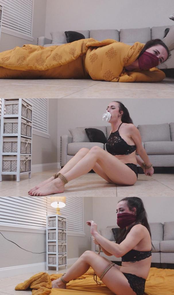 Bound, wrapped, &amp; Gagged with Ama Rio Ama Rio 发现自己在家里被脚踝、手腕和大腿绑住了！<br><br>场景 1<br><br>我的嘴被塞住了，嘴里塞着一块布，双手被绑在身后，脚踝被绑在一起。我挣扎着，在嘴里尖叫了几声。我挣脱了手腕，取下嘴塞，开始解开脚踝，这时一只手捂住了我的嘴，我喘息着。<br><br>场景 2<br><br>我的嘴被布塞住了，我的胳膊和大腿也被绑住了，还有脚踝，我的手腕又被绑在身后。我拼命挣扎，摇着头试图取下嘴塞。我把嘴塞拿掉，正要大叫求救，这时那只手又捂住了我的嘴。我又发出了几声闷哼，但无法逃脱。<br><br>场景 3<br><br>我闭上了眼睛，现在我的鼻子/脸上被塞住了。镜头摇摄，我被一条毯子裹住，从脚踝到脖子。我睁开眼睛，意识到自己的困境，开始挣扎。我解开塞口物，却发现嘴里还塞着第二块布。我深呼吸几次，开始翻身脱掉毯子，发现我仍然被绑着，衣服也被脱掉了。我挣脱了手腕，然后解开其余的束缚，从嘴里取出第二块布。扔掉绳子和刚刚取下的布后，我抓起毯子，用它盖住自己，寻找逃跑的方法。我听到一声响，喘息着想了一会儿。我把第一个布塞重新盖在鼻子/脸上，把胳膊藏在被子下面，闭上眼睛。我静静地躺了一会儿，然后睁开一只眼睛。Ama Rio finds herself bound by her ankles, wrists and thights in her home! <br><br><br>Scene 1<br><br>I've been gagged with a cloth in your mouth, hands tied behind my back and my ankles have been tied together. I struggle and give a few screams into my gag. I get my wrists free, remove the gag and start untying my ankles when a hand covers my mouth and I gasp.<br><br> <br><br>Scene 2<br><br>I have a cloth gag covering my mouth, my arms and thighs have also been tied along with my ankles and my wrists are again behind my back. I struggle vigorously and shake my head trying to remove the gag. I get the gag off and am about to scream for help when the hand covers my mouth again. I give a few more muffled screams but can't escape.<br><br> <br><br>Scene 3<br><br>My eyes are closed and I have a gag now covering my nose/face. The camera pans to reveal i've been wrapped in a blanket from my ankles up my neck. I open my eyes, realize my predicament and begin to struggle. I work the gag off only to reveal that a second cloth gag is in my mouth. I take a few breaths and start rolling around to get the blanket off revealing i'm still tied up and my clothes have been taken. I get my wrists free, then remove the rest of my bonds and take the second gag out of my mouth. After tossing the ropes and the gag I just removed, I grab the blanket and use it to cover up as I search for a way to escape. I hear a noise, gasp and think for a minute. I put the first gag back over my nose/face, hide my arms under the cover and close my eyes. I lie still for a minute and then open one eye.