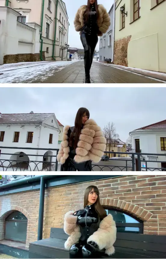 IN WINTER IN A VINYL CATSUIT WALKS ON HEELS <span style='color:#b0b0b0;'>[隐藏文字，购买后可见]</span><br>户外、外出、露出、毛大衣、大衣、乳胶、乳胶紧身衣、乳胶紧身裤、全包紧身衣、高跟鞋