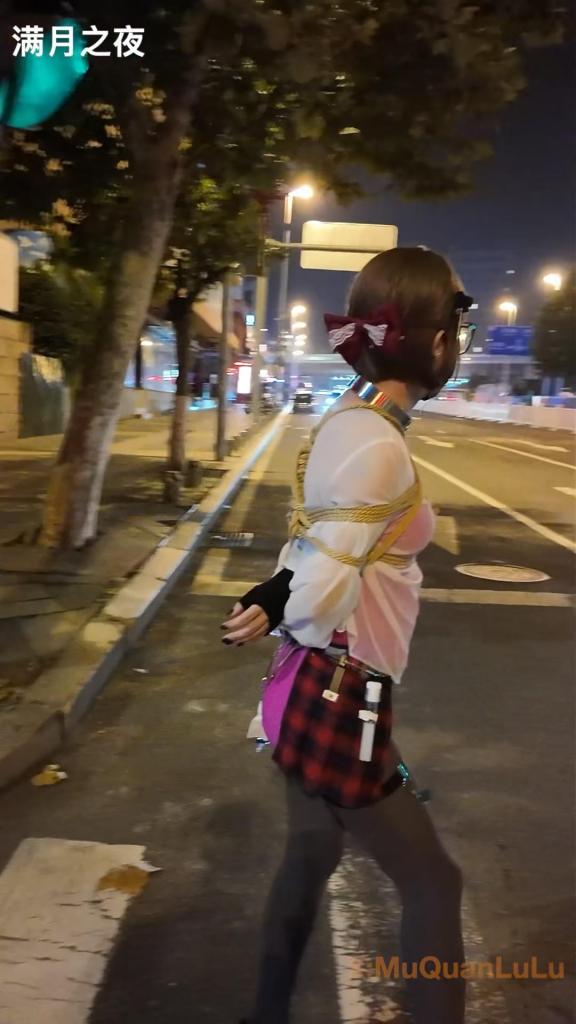满月之夜 肉畜第一天 酒吧 身上贴满无法搓掉的果汁纹身贴后的第一天晚上，插好鼻饲管之后通过三通连接尿管和尿袋，通过控制两条支路的阀门开闭可以让小便直接尿进胃里或者流入尿袋。穿搭是玫红色范德安泳衣 灰丝 高跟鞋，佩戴金属项圈 侧裙贞操带。喝完酒之后还玩了一下捆绑，在深夜青岛街头。视频时长40分48秒，5.17GB，分辨率1080*1920，60帧