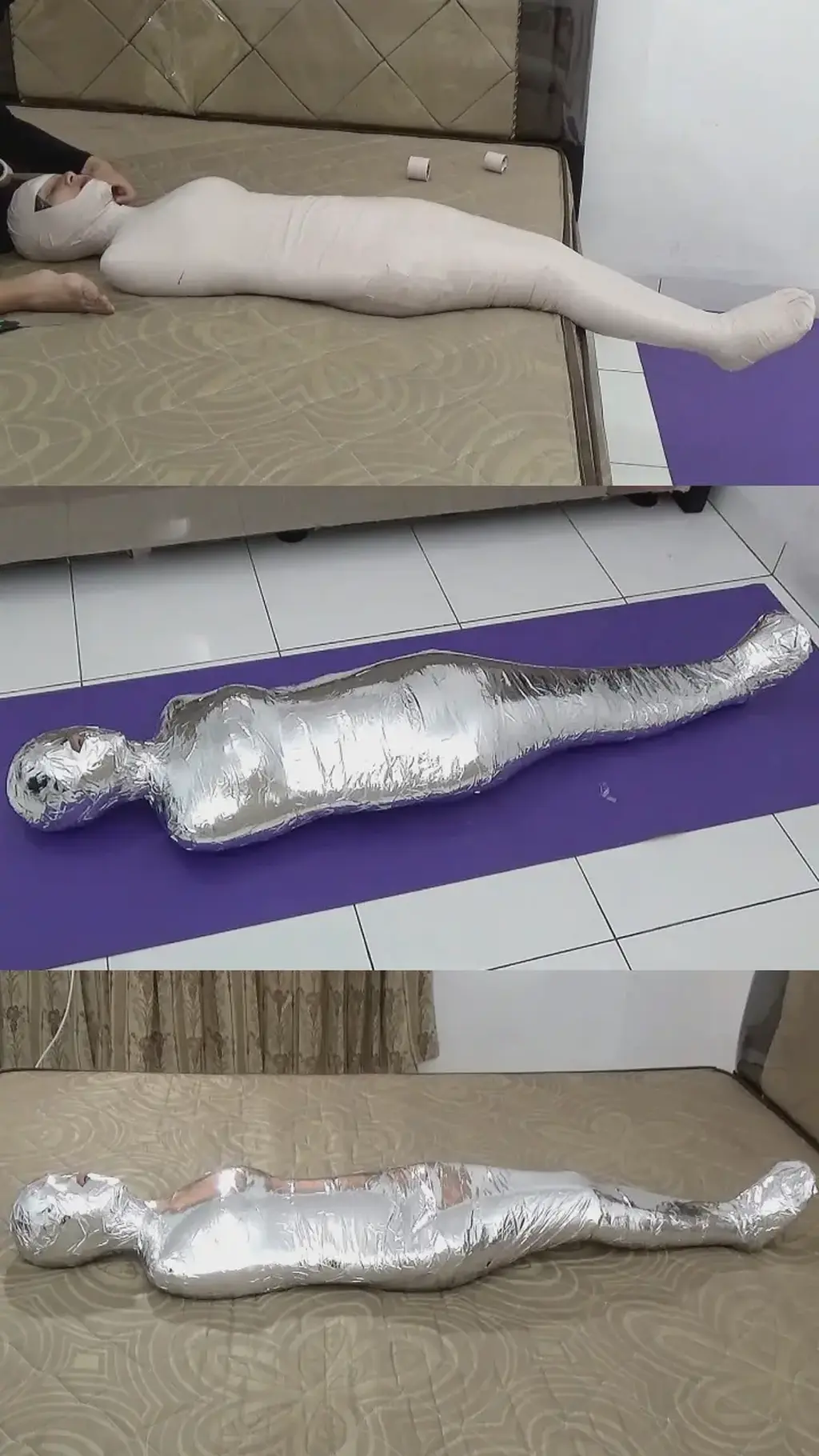 [POV] Main Scene Of RandyMummify RM119 A beautiful girl with a height of only 150 cm wrapped mummified alive for the first time. This is the first time she has become a living mummy, this girl has been wrapped in 2 layers of jet duct tape so that her body is easily lifted.