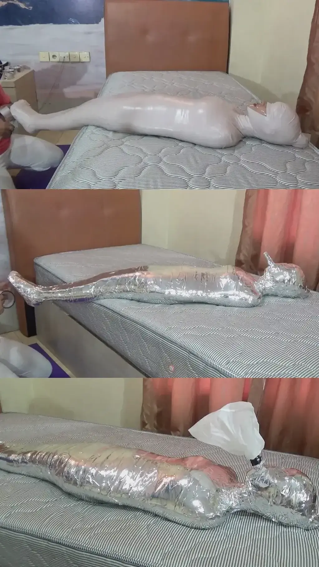 [POV] Main Scene Of RandyMummify RM121 Beautiful girl 150 cm tall was mummified tightly using 2 layers of tape, namely white and chrome duct tape. This girl's body was wrapped tightly so it was difficult to move and then this girl was only allowed to breathe from a small tube. Finally, this girl's breath was filled with plastic so it was difficult to breathe.