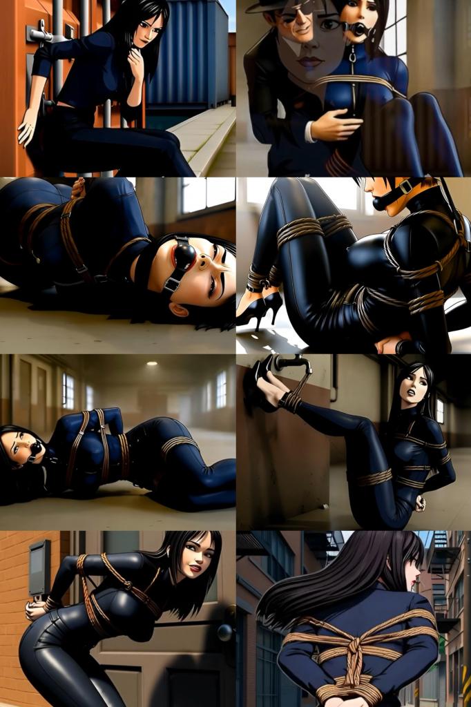AGENT REBECCA BOUND &amp; GAGGED – LATEX ESCAPE THRILLER AGENT REBECCA BOUND & GAGGED – LATEX ESCAPE THRILLER<br>Bound Tales of Desire早期的AI作品，场景、动作很丰富，光线和线条略有不连贯，但也很带感了<br>【详情：特工丽贝卡被捆绑堵嘴——乳胶逃脱惊悚片<br>精英间谍丽贝卡身穿午夜蓝乳胶紧身衣和恨天高高跟鞋进入仓库。<br><br>一键关闭陷阱。<br><br>短短几秒，她就被：<br>手腕和手肘被紧紧地绑在背后<br>，脚踝和大腿被粗麻绳缠住，嘴里塞着<br>一个巨大的黑色球形口塞，撑开她鲜红的嘴唇。她只能扭动身体<br>，镜头环绕着她每一次的弓背、翻滚和压抑的<br>呻吟。乳胶发出吱吱声，绳索发出嘎吱声，高跟鞋发出咔哒声。<br>她唯一的希望：藏在左脚后跟里的剃刀。<br>她能在倒计时结束前挣脱束缚吗？<br><br>捆绑、绳缚、口塞、乳胶紧身衣、高跟鞋、女间谍、被俘特工、试图逃脱、挣扎、落难少女、亮面乳胶、蓝色紧身衣、黑发、仓库捆绑、肘部捆绑、大腿捆绑、人工智能艺术Elite spy Rebecca enters the warehouse in a midnight-blue latex catsuit and sky-high stilettos.<br><br>One click—trap closed.<br><br>In seconds she’s:<br>Wrists & elbows cinched tight behind her back<br>Ankles & thighs wrapped in thick hemp rope<br>A big black ballgag stretching glossy red lips<br>Left to writhe while the camera circles every arch, roll, and muffled moan<br>Latex squeaks. Ropes creak. Heels click.<br>Her only hope: the razor hidden in her left heel.<br>Will she cut free before the timer hits zero?<br><br>Bondage, Rope Bondage, Ballgagged, Latex Catsuit, High Heels, Spy Girl, Captured Agent, Escape Attempt, Struggle, Damsel, Shiny Latex, Blue Catsuit, Black Hair, Warehouse Bondage, Elbow Tie, Thigh Tie, AI Art,<br>】