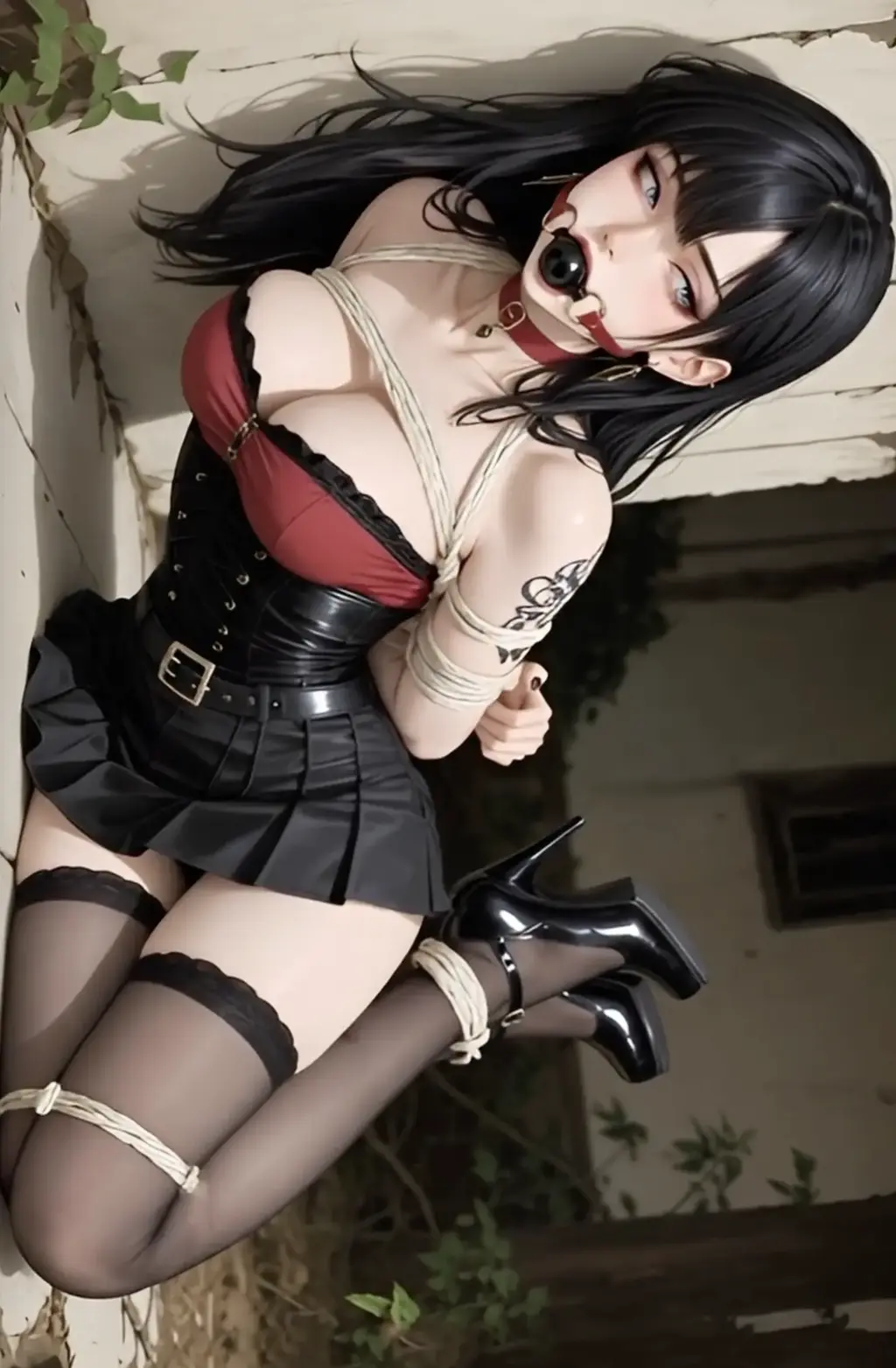 Raven s Boredom Cure Goth Girlfriend Surprised Bound Gagged and Left Helpless in the Wild Raven s Boredom Cure Goth Girlfriend Surprised Bound Gagged and Left Helpless in the Wild<br>Bound Tales of Desire AI新片，冷白皮蓝眼纹身黑暗哥特风美女，皮质短裙黑丝高跟车内 户外捆绑放置！<br>【我那美艳动人的哥特风女友雷文开始变得焦躁不安，百无聊赖。她不停地在我耳边低语：“给我个惊喜……来点刺激的，让我永生难忘的。”<br><br>所以我决定给她她一直渴望的极致刺激。<br><br>一天晚上，我趁她不备，用白色绳索紧紧地捆绑住她凹凸有致的身体，绳索与她性感的黑红相间紧身胸衣形成鲜明对比。一个巨大的红色球形口塞塞住了她的嘴，她的四肢也被牢牢地绑住——她被折叠起来，放进了车里。她那双湛蓝的眼睛睁得大大的，压抑的呻吟声从她口中逸出……她知道，这次的惊喜远超预期。<br>我们来到树林里一处偏僻的废弃地点。我把她救了出来，她仍然被绳子捆绑着，嘴也被堵住了，然后我把她留在那里，让她享受每一秒无助挣扎的痛苦。她扭动着身体，试图挣脱紧紧的束缚，透过口塞呼救，完全暴露在外，却享受着这种刺激。<br><br>特写镜头展现绳索紧紧缠绕着她柔软的肌肤，紧绷的绳索更凸显了她丰满的曲线，她眼中交织着惊讶与渴望。纯粹的绳缚幻想，由最火辣的哥特女孩演绎！】