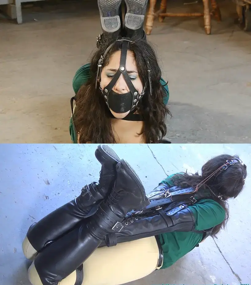 Ellen Equestrian to PonyGirl - Leather - Part 3 This clip starts where Part 2 ended... Ellen lays on the hard concrete floor for a bit, but it's not long before things get worse. Her captor is soon arching her into a hogtie using more leather straps. He tightens them so much that her tits are completely off the floor and she can rock on her hip bone. He then ties some leather lacing to her harness gag. It is pulled back and tied off. Ellen is then left to struggle, whimper, moan, and endure. This is where Part 3 ends.