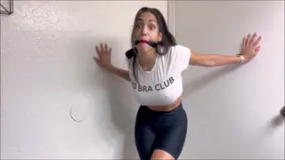 Sexy girl mesmerized to bondage 2 Cute brunette, mega boobs, jumpsuit, high heels, teasing, rope bondage self gagged, submission, slapped <br>,fishnets,tighhigh boots, moulded boxer, scratching pantyhose, hogtied,tickling, obedient