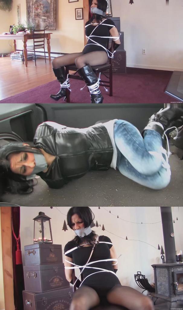 Dark Avenger &amp; Hannah Has Been Snatched (upscaled) - Hannah Perez 1. 黑暗复仇者<br><br>汉娜是个正义感极强的女孩。她身着一身黑衣，自称“黑暗复仇者”。她发誓要闯入那些因技术漏洞而逃脱法律制裁的罪犯家中，用她的格斗技巧将他们逮捕归案。在她的第一次任务中，罪犯出其不意地袭击了她，汉娜很快就被绑在了椅子上。她拼命挣扎，却无法挣脱束缚。她威胁罪犯说，会有帮手赶来，执法机构会花重金把她抓回来。这时，一块破布塞进了她的嘴里，胶带缠住了她的头，让她噤声。黑暗复仇者的第一次行动会是最后一次吗？还是她会在未来再次出手，抓捕下一个恶棍？<br><br>2. 汉娜被绑架<br><br>汉娜在街上被人抓走，用胶带捆绑并堵住嘴，然后被塞进一辆吉普车里。她被带到一个偏僻的地方，司机把她留在车后座，她拼命挣扎着想挣脱束缚，拼命想解开绳子。但绳子勒得很紧，绳结都够不着，她伸手去摸也够不着，所以她徒劳无功。过了一会儿，司机回来了，把她抱出来，扛在肩上。他扛着她回家，她无力地在他肩上挣扎。进屋后，他把汉娜放在地板上，警告她别动。汉娜继续试图挣脱束缚，但毫无用处。她只能躺在那里，茫然地等待着自己的命运。1. The Dark Avenger<br><br>Hannah is a girl with a strong sense of justice. Dressing all in black, she calls herself The Dark Avenger. She has vowed to enter the homes of criminals who have escaped justice on a technicality and make an arrest, using her combat skills to overpower them. On this her first mission, the criminal takes her by surprise and Hannah soon finds herself tied to the chair. She struggles against the last ropes being applied but cannot break free. She threatens the criminal, saying that help will come and that law enforcement agencies would pay plenty to get her back. She is silenced when a rag is pushed into her mouth and duct tape is wrapped around her head. Will The Dark Avenger's first case also be her last, or will she be back again in the future to try taking down another baddie?<br><br>2. Hannah Has Been Snatched<br>Hannah has been grabbed off the street, tied up and gagged with duct tape and transported in a Jeep. She has been driven to a remote spot and the driver has left her in the back of his vehicle where she struggles to get out, desperately trying to free herself from the ropes holding her. She has no luck because the ropes are tight and the knots are all out of reach of her probing fingers. After a while the driver returns, lifting her out and throwing her over his shoulder. He carries her to his house as she struggles helplessly on his shoulder. Inside, he lays Hannah on the floor and warns her to stay put. Hannah continues trying to escape from her bonds but it's no good. All she can do is lay there and wonder about her fate.