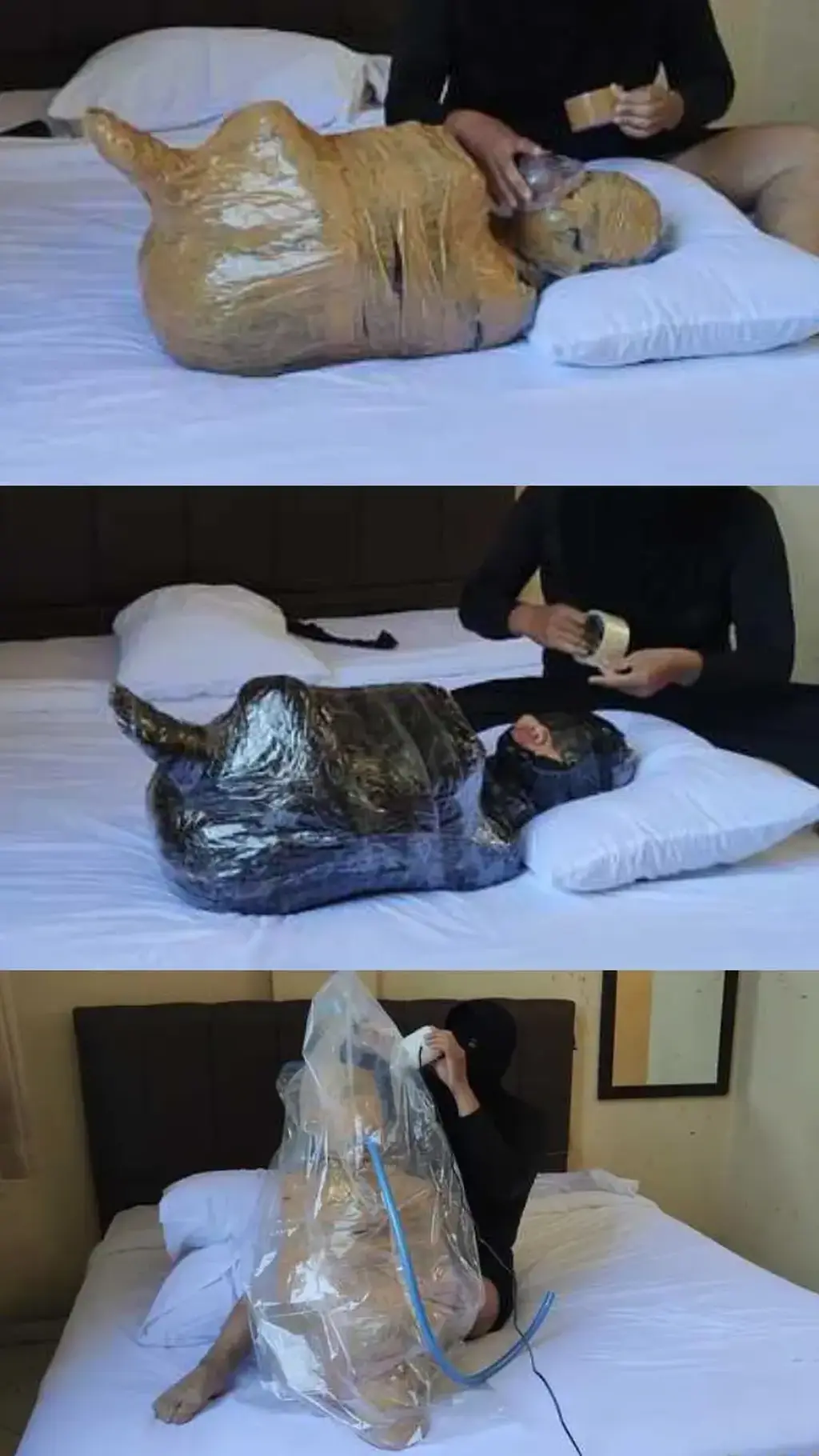 [POV] Main Scene Of RandyMummify RM175 This girl was wrapped as a mummy in a sitting pose, forming a ball-like body. The girl's body was wrapped in two layers of duct tape and one layer of plastic.