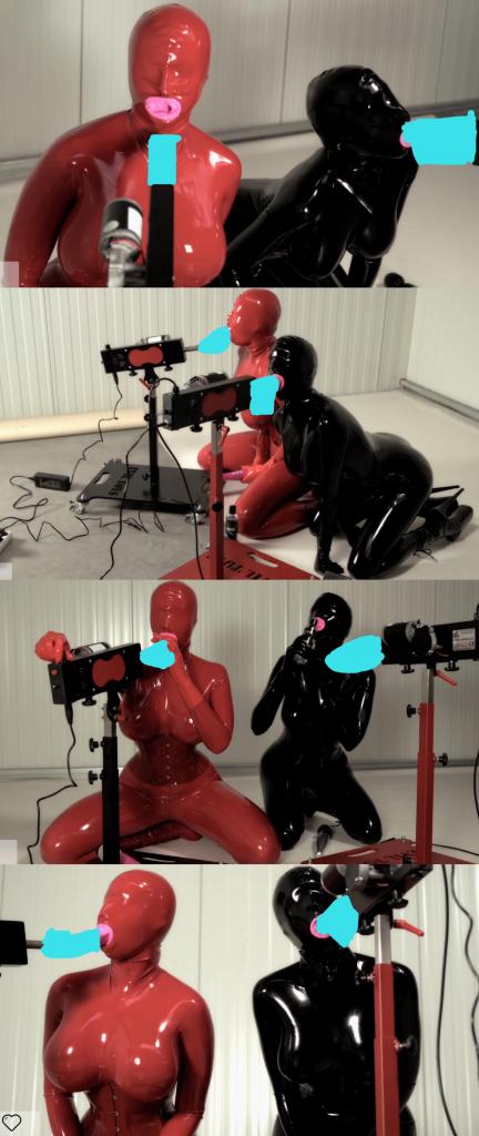 00183 - Mechanical blowjob 超敏感容易高潮的两个欧美淫荡妇女身着超紧带鼻孔嘴套无开眼的黑色和红色头套以及全包乳胶衣，双手被黑色乳胶手套包裹，双脚穿着超紧致贴身的皮革中筒靴子。两个荡妇对着自己的口套滴入润滑油方便更好地用炮机的假阳具模拟口交。一人用一个震动棒不断刺激着下面的洞穴。在持续开启的自慰装置的反复的玩弄中，洋娃娃全包紧身衣荡妇们在不断的哀嚎惨叫声中疯狂强制高潮强高，直到最后力竭瘫软...最后在红色乳胶娃娃的裆部地面流下淫液淫水...<br>Two promiscuous women from Europe and America, who are extremely sensitive and prone to orgasm, are wearing tight black and red headbands with nose and mouth covers and no eyes, as well as fully wrapped latex jackets. Their hands are wrapped in black rubber latex gloves, and their feet are wearing zentai tight fitting leather boots. Two sluts dripped lubricating oil into their fetish mouth sockets to better simulate oral sex. One person continuously stimulated the kigurumi cave below with a vibrator. In the repeated play of the continuously activated masturbation device, the dolls wrapped in tight fitting clothes and sluts crazily forced themselves to climax in constant screams and screams, until they finally exhausted and collapsed Finally, lewd liquid and fluids flowed down from the crotch area of the red latex doll ..Satisfying our needs...<br>超敏感で高潮しやすい欧米の淫乱な女性2人は、超緊締鼻付き口カバーの開眼していない黒と赤の頭カバーと全バッグのラテックス衣を着て、両手は黒のラテックス手袋に包まれ、両足は超緊締肌着の革の中筒ブーツをはいている。2人の売春婦が自分の口輪に潤滑油を滴下することで、フェラチオをよりよくシミュレートすることができます。一人は振動棒で下の穴を刺激し続けた。オープンし続けるオナニー装置の繰り返しの翻弄の中で、人形の全バッグタイツの女性たちは絶えず悲鳴を上げている中で狂ったようにクライマックスを強制し、最後まで力を尽くして腰を抜かした。..最後に赤色ラテックス人形の股下地面に淫液淫水を流した...<br>lizanne/MissFetilicious/Bigboob catsuit/Blowjob/Catsuit/Condom hood/Duo/Fuck machine/High heels/Latex/Mask/Masturbation/Orgasm<br>Bigboob キャットスーツ/ブロージョブ/キャットスーツ/コンドームフード/デュオ/マシン/ハイヒール/ラテックス/マスク/自慰/オーガズム<br>大胸巨乳紧身衣/口交/连体紧身衣/口型避孕套/双筒/性爱机/高跟鞋/乳胶/口罩面具/手淫/性高潮/双人/橡胶