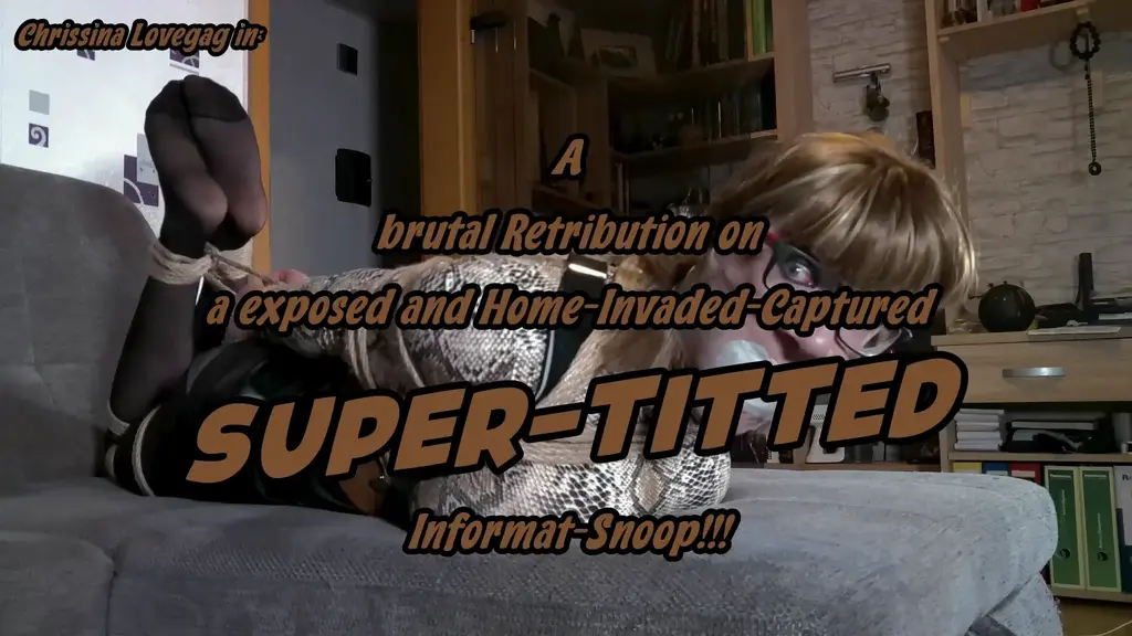 B0126 Homeinvasion for a buxom Informant 伪娘<br>It's afternoon as Chrissina, a voluptous and sexy business.lady comes home from work. But her job is only a maskerade because she acts secretly as informant and deals with worhtfull intel. So now, arrived at home, she calls her contact to set down a running deal and start to work out the last details. But suddenly Chrissina realizes a strange sound behind her and is suprised to face armed man, obviously a intruder who still waited for the buxom gurl. Obviously the man became hired by her actrual boss and Chrissina must agree that her little secret is exposed. The brute XXXX her to put on a big Ballagag and restricts the big-boobed snoop bountiful with ropes, too and places her on her couch to wait till the arriving of her boss! But even strictrly bound and agged the tough gurl doesn't accept her fate and so she hops helpless to the frontdoor to escape from her for sure fateful meeting. But sadly her only exit is locked and the brute busts her again and decide that her restriction needs a proper upgrade... some time later the voluptous Bimbo is brutally packed-up into a harsh hogtie and massive gagged with a big mouth-packing, sealed by amounts of clear tape! So the poor snoop struggles and moans desperately untill her boss shows up, equipped with a few very uncomfortable questions for his 'Still-Employee'.... 