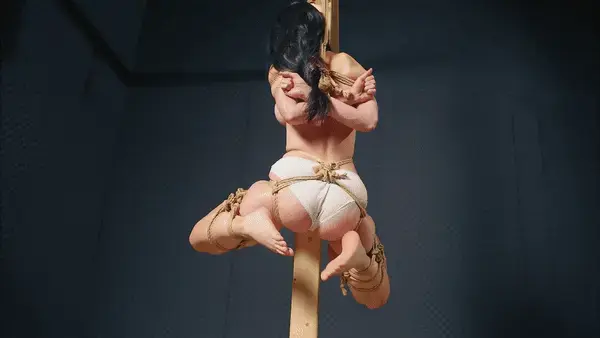UPENDED VIBRO NON-STOP This suspension became a true test for Sangini! She is tightly bound and suspended high on a pillar, facing it. The bondage is extremely tight for her. Her hips are pulled tight, and the pillar is pressing hard on her crotch and breasts. The sensations are so intense that it is unbearable. She tries to find support with her legs below, to avoid slipping and to somehow adjust her body position and ease her suffering, but her legs are bent at the knees and tightly bound, making all attempts doomed to failure.<br><br>The Master is going to release Sangini from the suspension but only after her orgasm. Suddenly, he turns her upside down and attaches a vibrator. Seeing that she is struggling but not orgasming, the Master cut off her panties and turns the vibrator on full power, pressing it firmly on her clitor.<br><br>How long can Sangini hang upside down? The Master whips her with a one-tail whip, intensifying her sensations and bringing her closer to orgasm.