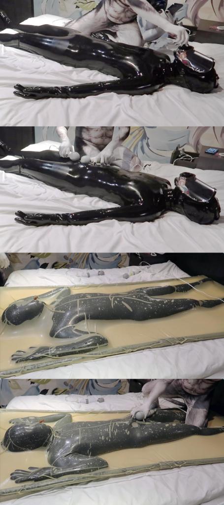 Rubber in Rubber part2 全包胶衣奴隶。<br>先是被兽皮zentai小伙伴戴上窒熄面具，用快乐棒强高折磨，并且封住所有可以用来呼吸的缝隙，极致窒熄折磨，高潮配合缺氧直接各种抽搐。<br>随后被装进真空床，抽干空气进行真空拘束play，并继续用快乐棒强高玩弄，最后再拔掉呼吸管附加窒熄折磨。<br><br><span style='color:#b0b0b0;'>[隐藏文字，购买后可见]</span>