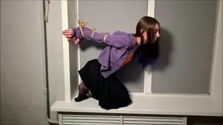 Strappado in ropes Bondage rope, elbows tied, tape gagged, kneeling, struggling,tall girl,pantyhose, suspended by wrists, moaning