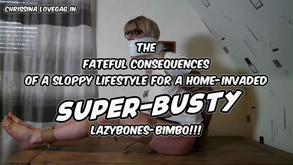D0226 A warning for a buxom Lazybone Bimbo 伪娘<br>It's a quiet normal day for Chrissina, a sexy and voluptous gurl-next-door. The busty gurl spends her day chilling on the couch with tv and snacks, only dressed with a tight t-shirt and a string-panty and enjoys her workless life. But her peace is quickly over as two men show up at her frontdoor and offers her that they where sended to get money from her... depts she still owes a creditor. Chrissina tries to be not impressed and promises them to pay as soon as she has the money but the two brutes don't have planed to go with empty hands and so they make short process with the big boobed Bimbo. Later, while the men search in Chrissina's flat for worthful stuff, the poor damsel spend her time properly bound and gagged in a backroom! She desperate try to find a way out of her harsh restriction but has no chance to get rid of the amounts of ropes she's tangled in neither to remove the massive tape-wrap-gag over her mouth. As the brutes return to her, they make sure that they'll return later for the rest of the owes and as clear warning they pack-up the curvy Bimbo into a tight hogtie on a table and covers her head with a stockinghood and adittional tape before they leave their victim merciless captured in her flat!