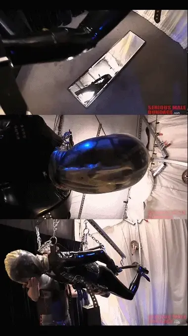 Evil Genius 【中文乳胶男M】TAG：吊缚、乳胶头套呼吸控制。GearMutt组装了一个独特的悬挂装置，并带他在离地面4英尺的地方骑行。这段视频强调了两个橡胶人可以用很多装备和一些创造力来获得乐趣。这段视频中的乳胶口罩呼吸限制罩非常强烈。This is a cool video. Our resident 'evil genius' Rank assembles a unique suspension rig for his visiting friend GearMutt, and takes him for a ride 4 feet off the floor. This video highlights the fun that two rubber men can have with a lot of gear and some creativity. The Latex-Maske breath restriction hood in this video is pretty intense. Hopefully we will see more of GearMutt on our website in the future.