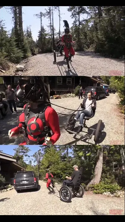 Pony Play With JG-Leathers And Friends 【中文serious】TAG：马蹄靴、小马训练。她喜欢玩小马，她穿上了小马靴、小马背带和漂亮的头套。她看起来太棒了，让我们大吃一惊。JG给她穿上小马装备的过程花了很长时间。最后，彭特·Youth女士被完全套上马具，牢牢地绑在小马车上。她准备开车送JG和其他人穿过车道，然后再回来。长长的皮革缰绳从她的背带上跑回到JG身上，这样JG就可以指挥她的动作了。多么壮观的景象啊！This is a classic video featuring the well-known father of pony play JG-Leathers. For years JG has helped advance pony play, starting with his participation in an early VHS pony video titled 'Pony Girls at the Ranch'. JG has a bigger than life personality, partly as a result of being in the Canadian military, and partly as an aircraft controller. JG runs his own massive website at, and has been in many videos on this website.<br><br>In this video we share a relaxing day at the home of. Max is a character himself, but on this day the spotlight was on JG and his pony gear. JG makes his pony gear by hand, as well as the gear incorporated in his popular 'Creature' rig.<br><br>There were a number of us visiting Max that weekend, including our FetLife friend 'MsPentYouth'. She loves pony play so it wasn't long before she was outfitted pony boots, pony harness, and a beautiful head harness. She looked so amazing, and she took our breath away. The process of JG dressing her in his pony gear took quite a while. Our group looked on from the porch of house making comments, suggestions and cat calls. Finally MsPentYouth was fully harnessed and securely attached to the pony cart. She was ready to give JG and anyone else a ride down the driveway and back. She looked amazing in her red body stocking, black boots and heavy leather. Long leather reins ran from her hear harness back to JG so he could direct her movement. What a sight!