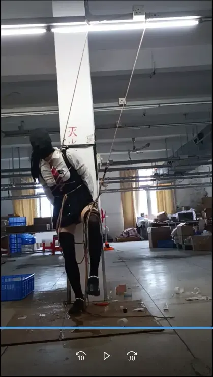 生产车间失禁 去年趁着全部员工下班，在生产车间拍摄的。单腿吊加定时手铐。前有蛋后有塞。在双重刺激下失禁。自己排只能用两个手机拍摄。拍了个失禁特写。