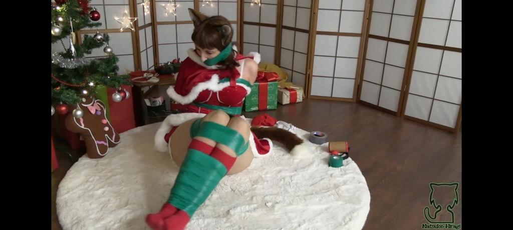 Story Video Merry Christmas Natsuko &amp; Ebony 2025 Festive Kinesio tapegag, bound with green pvc tape, socked feet, christmas dress, long gloves, bloomers, opera gloves, tape wrapgag, heavy tape bound, c. form, white overknee socks, red kneesocks, heels, rope hogtie, short christmas gloves, ballgag, garterbelt, sock stuffgag, fixomull tapegag, bodybag, white pantyhood, black hood, total bodybag encasement, blooper, struggling, moaning, gagtalk