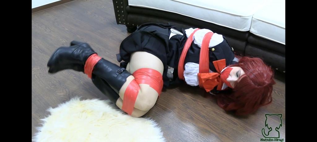 Story Video Mitsuru Kirijo 2025 Red kinesio tapegag, red pvc tape bondage, boots, heavy tape tied, gloves, hopping, on screen gagging, ungagging, blindfold, cleavegag, fixomull tapegag, leather hood eyes open, heavy rope hogtie, feet to hair hogtie, socked feet, blooper, struggling, moaning, gagtalk