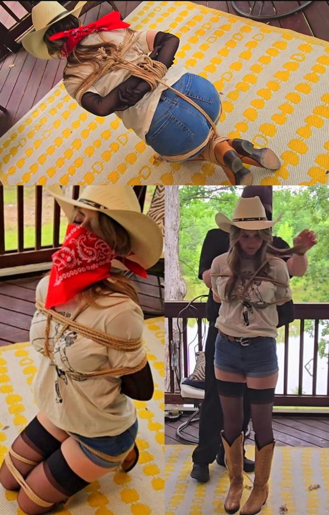 Cowgirl London MP4-London Evans captured and bound with jute rope and bandana gagged 准备好迎接扣人心弦的《女牛仔伦敦》吧！伦敦·埃文斯身陷险境！她身着一套粗犷的女牛仔装束——流苏皮背心、牛仔裙和破旧的靴子——紧张地站在那里，心跳加速，绑匪开始有条不紊地对她进行捆绑。粗糙的黄麻绳缠绕着她，每一缕都深深地勒进她的皮肤，一条紧紧的箱形绳将她的上半身捆绑起来，让她在屏幕上呈现出坐姿。绳索将她的双臂向后拉，让她无处可逃，双腿也被牢牢固定——脚踝交叉捆绑，绳索紧紧地缠绕着她的靴子，让她动弹不得。紧张的气氛达到顶峰，一个开口塞塞进了她的嘴里，布料压迫着她的舌头，随后一条头巾紧紧地蒙住了她的鼻子，让她绝望的呼救声无法发出。伦敦被彻底束缚，无法发声，她身上的每一个绳结都诉说着她在这场狂野西部的对决中被俘的故事。 《女牛仔伦敦》呈现了激烈的捆绑、粗犷的美学和扣人心弦的挣扎，完美契合喜爱经典西部剧并带有另类元素的读者。立即购买，见证伦敦·埃文斯惊心动魄的磨难！Saddle up for the gripping Cowgirl London, where London Evans finds herself in a perilous predicament! Dressed in a rugged cowgirl outfit—complete with a fringed leather vest, denim skirt, and weathered boots—London stands tense, her heart racing as her captor begins their methodical work. Coarse jute rope coils around her, each hank digging into her skin as a tight boxtie binds her upper body, having her into a seated position on the screen. The ropes pull her arms back, leaving no room to escape, while her legs are immobilized—ankles crossed and bound with precision, the rope wrapping snugly around her boots to prevent any movement. The tension peaks as a cleave gag is wedged between her lips, the fabric pressing against her tongue, followed by a bandana tied tightly over her nose, muffling her desperate attempts to cry out. Completely restrained and silenced, London’s every knot tells the story of her capture in this Wild West showdown. Cowgirl London delivers intense bondage, a rugged aesthetic, and a captivating struggle, perfect for fans of classic Western drama with a kinky twist. Grab your copy today and witness London Evans’ thrilling ordeal!