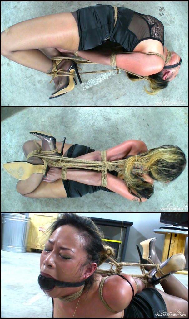Beautiful Hogtie At the start of the live show, Martin stands me up and ropes my neck to the ceiling while he binds my elbows, ties a crotch rope on me and gags my mouth.  I was pleasantly surprised when he brought me to the ground and laid me on my stomach.  A clear indication that I was going to be hogtied.  Sure enough, my ankles are tied and my body is cinched together into a tight little package.    The challenging part was having to hold my head up until Martin tied my hair into a ponytail and wrenches it back.  My favorite part was when he laid me onto my side.  You can see how beautifully arched I was and it didn't take long for me to attempt to get back onto my stomach but I wasn't very successful.  After some time, Martin flips me back over and that is how I remained until the end of the show.<br><br>