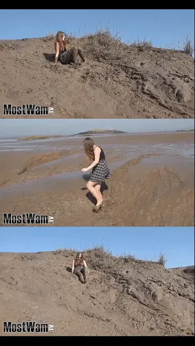 Rhian Takes the Muddy Path 【中文湿身系列】高跟马油肉丝海边踩泥。Rhian gets really muddy wearing a Check skirt, a black top, very glossy tights and heels.