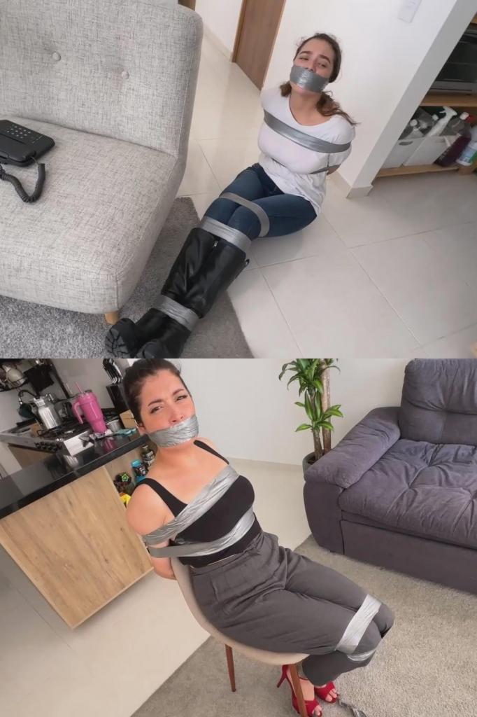 Simona and Luana: Bribes and Bondage (Duct Tape, High Heels, Boots, Watches, Crossed Hands, WrapGag, Simona and Luana: Bribes and Bondage (Duct Tape, High Heels, Boots, Watches, Crossed Hands, WrapGag, Mouth Stuffed, Chair Tied, Jeans, Dress Pants)<br>场景<br><br>西蒙娜是一名侦探，她一直在暗中收受贿赂。律师卢安娜（模特2）找上门来，试图勒索西蒙娜，让她交出钱财作为补偿。西蒙娜用胶带绑住了卢安娜，但卢安娜最终挣脱并反过来用胶带绑住了西蒙娜。<br><br>淡入。西蒙娜正在电脑上打字，这时她听到敲门声。她看了看手表，然后去开门让卢安娜进来。卢安娜解释说她知道西蒙娜在收受贿赂，并威胁说如果西蒙娜不交出所有的钱，她就会举报她。卢安娜起身要走，看了看手表，告诉西蒙娜她有一个小时的时间做决定。就在她转身要走的时候，西蒙娜突然用电击枪击晕了她。<br><br>西蒙娜掏出一卷胶带；她把卢安娜的双手反绑在背后，呈交叉的“X”形，然后用胶带垂直和水平缠绕（也就是缠绕、覆盖和穿过手腕；胶带也应该盖住模特的手表）。西蒙娜趁卢安娜开始醒来时，将一块布塞进她的嘴里；西蒙娜用胶带将卢安娜的嘴巴缠了起来（不要完全遮住下巴，尽量不要显得“臃肿”）。随着画面淡出，西蒙娜开始撕掉更多的胶带。<br><br>淡入。卢安娜现在靠在墙上，全身都被胶带缠住：（嘴巴、双手、脚踝、膝盖上下、肘部缠绕数圈（肘部不要绑在一起；应该用胶带将肘部固定在躯干上）、胸部上下）。她拼命挣扎了一会儿。可以拍摄多个不同的镜头/角度。不需要太多脚/腿的镜头。必须包含几个全身镜头、较长的面部特写（8秒以上）、手部特写、耸肩镜头和侧面镜头，以及一些模特回头看自己双手的镜头。对于捆绑场景，要拍摄被捆绑部位的特写。<br><br>过了一会儿，卢安娜注意到远处有个尖锐的物体；她试图跳过去，结果摔倒了，但她还是设法挪了过去，大部分时间都是趴在地上。她抓住了那个物体，画面淡出。<br><br>画面再次淡入。<br><br>西蒙娜回来了，发现卢安娜已经逃走了。卢安娜突然出现，让她以为自己有武器。她命令西蒙娜坐在椅子上，双手交叉放在背后，然后拿起一卷胶带。她用胶带把西蒙娜的双手绑在背后（胶带垂直和水平缠绕，使她的手腕交叉成“X”形；胶带应该盖住手表），然后卢安娜在西蒙娜抗议时把一块布塞进她的嘴里，再用胶带缠住她的嘴，让她无法说话（不要完全盖住下巴，尽量不要显得“臃肿”，可以参考图片示例）。卢安娜开始撕胶带。画面淡出。<br><br>镜头淡入。西蒙娜全身都被胶带缠住（嘴、手、脚踝、膝盖上下、肘部缠绕数圈，肘部未绑在一起；应通过缠绕胶带固定在躯干上），胸部上下也被胶带缠住。<br><br>西蒙娜拼命挣扎，呼救，最终意识到自己无法逃脱。可以拍摄多个不同角度的镜头。无需过多拍摄脚部/腿部的镜头。必须包含多个全身镜头、较长的面部特写（8秒以上）、手部特写、耸肩镜头和侧面镜头。Scene<br>Simona is a detective who has been secretly taking bribes. She is confronted by Model 2, a lawyer, who tries to blackmail Simona into giving her the money for her own troubles. Simona  tapes up Luana, but She eventually escapes and tapes up Simona. <br><br><br><br>Fade in. Simona is typing on a computer when she hears a knock. She checks her watch, then heads to the door to let in Luana. Luana explains that she knows Simona is taking bribes, and she says she will turn her in if she does not give her all the money. Luana gets up to leave, checks her watch, and tells Simona she has 1 hour to make her decision. As she turns to leave, Simona stuns her.<br><br><br><br>Simona pulls out a roll of Duct Tape; she tapes Luana’s hands behind back in a crossed “X” and then wraps duct tape vertically and horizontally (aka around, over, and through wrists; also, tape should cover Model’s watch). Simona shoves cloth in Luana’s mouth as she begins to wake up; Luana panics as Simona applies a wraparound tape gag (don’t fully cover chin, try not to make it look “bulky”). Simona begins to tear off more tape as the scene fades.<br><br><br><br>Fade in. Luana is now leaned up against a wall, fully taped: (mouth, hands, ankles, above and below knees, around body several times at the elbows (elbows NOT tied together; should be pinned to torso by tape around body) and above and below breasts.) She struggles energetically for a while. Can be many different shots/angles. Not as many shots of feet/legs necessary. MUST include several full body shots, long-ish face close-ups (8  seconds), hand close-up, shoulder shimmy, and side view shots, Also some where model looks over shoulder at her hands. For tie-up scenes, close up of part that is being tied up.<br>After a while, Luana notices a sharp object a way off; she tries to hop to it, falls, yet is able to wriggle over to it, mostly on her stomach. She grabs it and scene fades out.<br><br><br><br>Fade back in.<br>Simona returns and realizes that Luana has escaped. Luana surprises her and tricks her into thinking shes armed. She orders Simona to sit in a chair and cross her wrists behind her back, then grabs the roll of duct tape. She tapes Simona’s hands behind her back (tape wrapped vertically and horizontally so her wrists are crossed in an “X”; tape should cover watch), Luana then shoves cloth in Simona’s mouth as she protests, and wraps tape around her mouth, gagging her (don’t fully cover chin, try not to make it look “bulky”, see pics for examples). Luana then begins to tear off tape from roll. Fade out.<br><br><br><br>Fade back in. Simona is now fully taped (mouth, hands, ankles, above and below knees, around body several times at the elbows elbows NOT tied together; should be pinned to torso by tape around body) and above and below breasts<br><br>Simona struggles energetically, calling out for help, eventually realizing she won’t escape. Can be many different shots/angles. Not as many shots of feet/legs necessary. MUST include several full body shots, long-ish face close-ups (8  seconds), hand close-up, shoulder shimmy, and side view