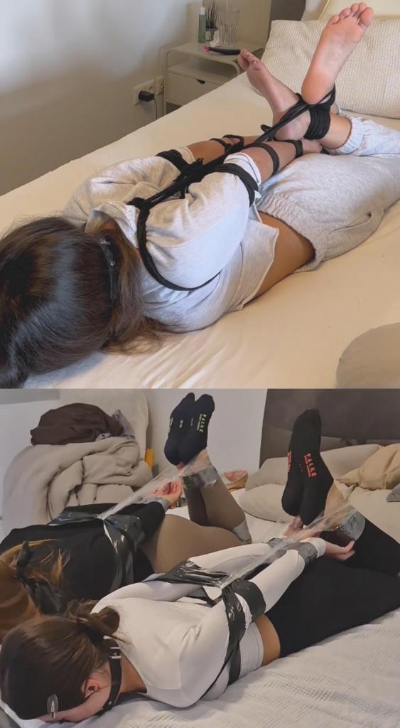 Double Hogtie with turkish friend and back-breaking rope hogtie - 2 videos in 1 今天，我又为大家准备了两段精彩的视频。一段是我和我的土耳其朋友Sila玩胶带捆绑游戏，另一段是用绳子把我绑得非常紧。因为绳子太紧，我没坚持多久就放弃了。希望你们喜欢！Today, I’ve put together two more great videos for you. One features a tape hogtie with my Turkish friend Sila, and the other is an extremely tight rope hogtie. I couldn't last very long in the second one due to how tight it was. Enjoy!