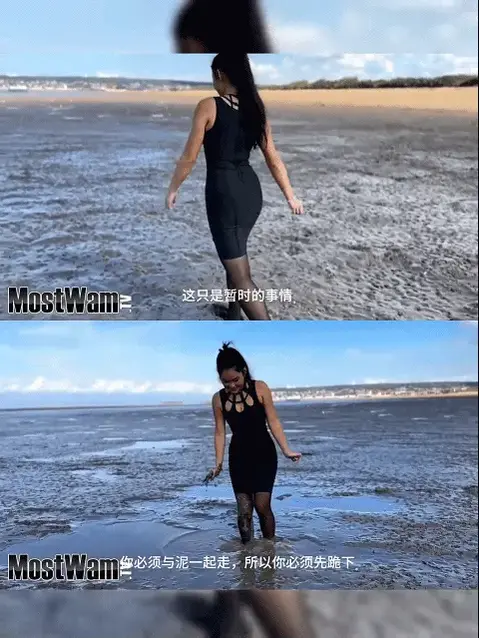 Anni Rolls In The Beach Mud 【中文湿身系列】穿着镂空连衣裙、黑丝海滩泥里打滚。Wearing a Black Dress with Tights and Heels.