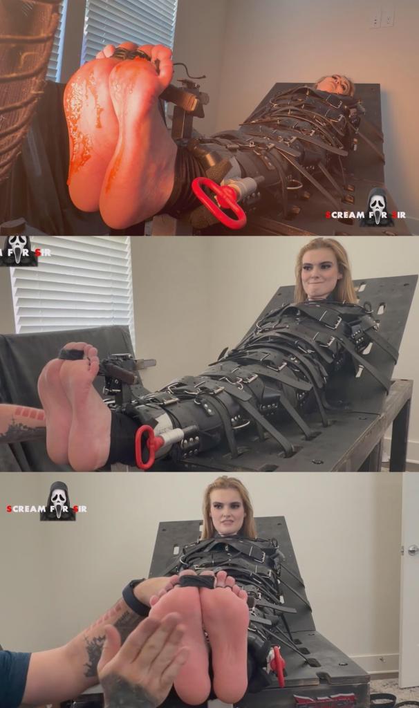 Foot Punishment for Bratty Cait 她一如既往地需要每日的管教，所以这次她被紧紧地装进一个特制的皮带皮袋里，动弹不得——我们都知道她有多喜欢挣脱束缚，对吧？<br><br>她赤裸的双脚被固定在厚厚的钢制脚镣里，脚镣连接着一个棘轮式脚趾杆，她所有的脚趾都被绑在脚趾杆上，完全暴露在外。<br><br>接下来，她的赤脚要经受腌料的冲击、风车的碾压、橡皮筋的抽打（她最讨厌橡皮筋，被告知要保持静止，否则计数重新开始），以及用高温旋转风扇炙烤。As always she needs her daily discipline, so this time she’s tight and snug in a custom made belted leather bag, holding her completely in place - we know how much she likes to break loose right?<br><br>Her bare feet are secured in thick, steel cuffs attached to a ratcheting toe bar, where all of her toes are bound back to, then fully exposed.<br><br>Her barefeet are then subjected to marinade impact, a pinwheel, rubber bands (she HATES them worst of all, and is told to stay still or the count starts over), and foot roasting with a high thermal oscillating fan.