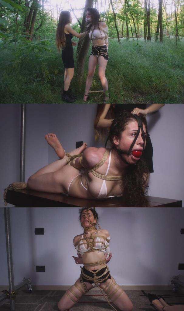 The Deal Is Done 2: Saleswoman is Double Hogtied - Rey &amp; Fatima I - 森林<br><br>挨家挨户推销的法蒂玛落入了她放荡不羁的客户雷的魔爪，陷入了困境。她只穿着一条迷你裙和一件长袖上衣，在几乎成功逃脱后逃进了森林。<br><br>但她被雷抓住了，脖子上套着绳子，被绑在树上，脚踝上也铐着绳子。之后，雷把她带回家，准备惩罚她逃跑的罪行。<br><br>II - 少女<br><br>她被紧紧地捆绑着，手肘并拢，胯部也绑着绳子，腰间还用布和浴袍腰带做了一个束缚带。法蒂玛在地上扭动着身体，呻吟着，挣扎着。雷回来后，拍打她的屁股，鼓励她挣脱束缚。<br><br>三、跪姿束缚<br><br>随后她被带到另一个房间，雷伊用绳子将她绑成一个别扭的姿势，让她跪在自己膝盖上保持平衡，绳子缠绕着她全身，她的头也被一根绳子固定住，嘴套也被绳子套住。<br><br>四、双重捆绑与悬吊<br><br>最后，她被放在咖啡桌上，捆绑得更加紧实，这次是猪蹄式捆绑，对法蒂玛来说，这是最紧的捆绑！I - FOREST<br><br>Fatima, a door-to-door saleswoman, is in trouble after falling into the clutches of her libertine client, Rey. Wearing only a miniskirt and a long-sleeved top, she runs into the forest after her near-successful escape.<br><br>But she's caught by Rey, tied with a rope around her neck to a tree, and rope handcuffs placed on her ankles. She's then taken home by Rey, where she'll be punished for running away.<br><br>II - DAMSEL<br><br>She's tightly bound with her elbows together, a crotch rope, and a cleave made from cloths and a bathrobe belt. Fatima writhes on the floor, moaning and struggling. Rey returns and spanks her as encouragement as she tries to untie herself.<br><br>III - BALANCED ON KNEES<br><br>She is then taken to another room, where Rey ties her in an awkward position, balanced on his knees, with tons of ropes around her, her head held in place by a muzzled rope<br><br>IV - DOUBLE HOGTIE AND SUSPENSION<br><br>As a finishing touch, she is placed on the coffee table and tied even more tightly, this time with a hogtie, the tightest possible for Fatima!<br><br>