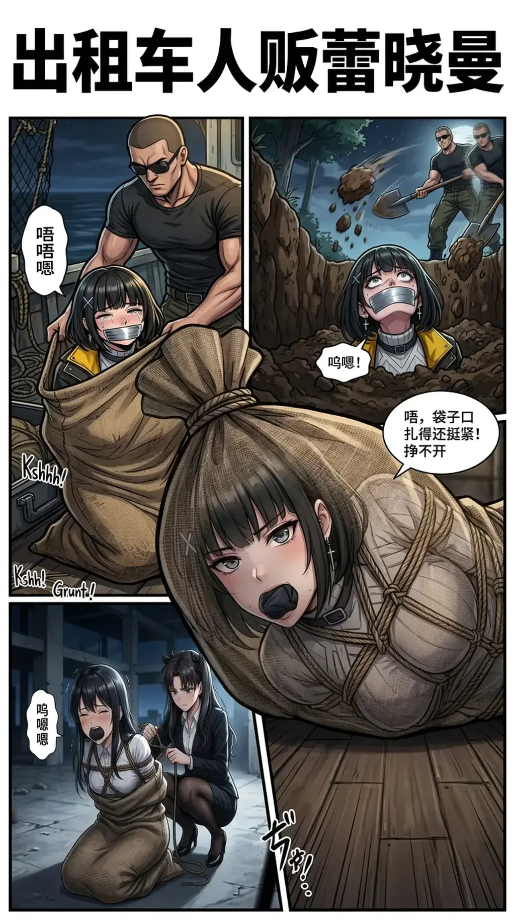 出租车人贩蕾晓曼（终章 下集） - 并不甘心被拐卖的蕾晓曼从麻袋中挣脱试图逃跑结果被人贩集团抓住后被拉到小树林里惨遭活埋，远坂凛虽然救出了被绑架的妹妹，却发现自己已经深陷人贩集团的阴谋之中 [堵嘴,胶带,远坂凛,游戏,堵嘴（胶带）,原味丝袜堵嘴]