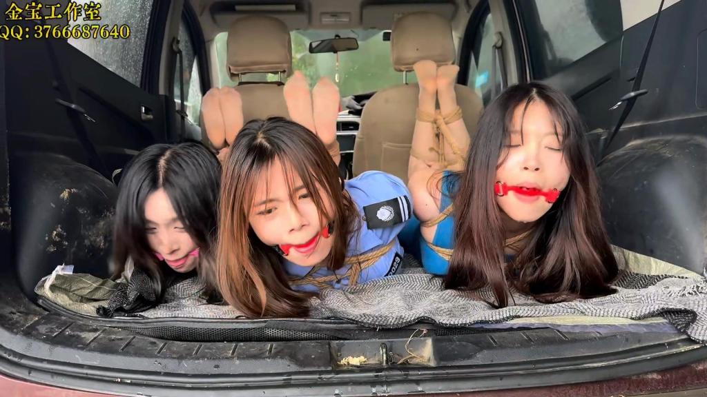 金宝定制《野外车劫》第三集 两个女井和女明星驷马绑在车里不住的挣扎，口水哗啦啦的流下，人贩关上车门把车开走。三女被救出，两个女井出来郊游，两个歹徒悄悄的潜入过来。