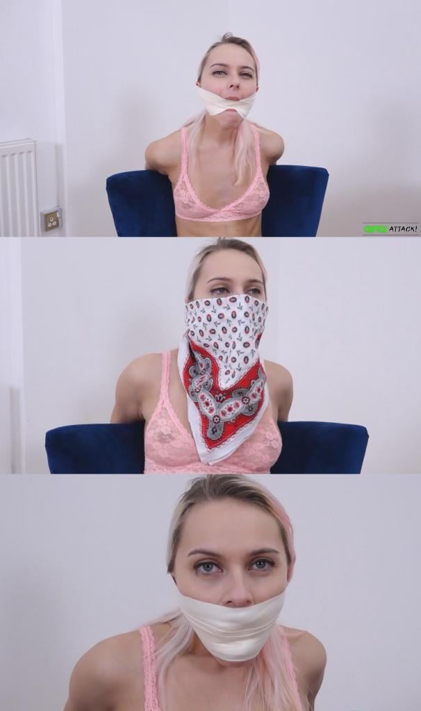 Chloe Toy - Microfoam Tape Gagged 3 Gag Video ( stuffed, cleave, wrap, microfoam, tape, silenced, ot Chloe Toy - Microfoam Tape Gagged 3 Gag Video ( stuffed, cleave, wrap, microfoam, tape, silenced, otm, bandana, muffled, helpless )克洛伊被绑在椅子上，嘴里被塞满了袜子。厚厚的袜子完全填满了她的脸颊，然后一个紧紧的开口塞固定住一切。接着，多层微孔泡沫胶带以全包式的方式缠绕住她的嘴，封住了她的嘴唇，并将开口塞牢牢地塞住。她现在完全无法说话了，眼睛睁得大大的，透过沉重的开口塞发出急促的呜咽声。她的头左右摇晃，试图把塞进去的东西推出来，但微孔泡沫胶带牢牢地粘着，她根本无法松开或取下任何一部分。<br><br>在持续了一段时间的闷哼抗议之后，整个开口塞被小心翼翼地取下，然后用新的微孔泡沫胶带重新做了一个普通的包裹式开口塞。光滑粘稠的胶带一遍又一遍地缠绕在她的头上，在她塞满袜子的嘴上形成了一个光滑而有效的密封。克洛伊立刻做出了同样的反应，发出响亮的呜咽声，在座位上扭动着身体，试图测试新的堵嘴方式。她试图说话或挣脱胶带，但都徒劳无功，再次被堵得动弹不得。<br><br>最后，一条OTN头巾被加了上去，作为最后一层封口措施。这条色彩鲜艳的布料被紧紧地裹在原有的微泡沫敷料上，完全遮住了她的下半张脸，进一步增强了封口效果。绑架者确保头巾系紧，让克洛伊更加无法发声，她只能透过层层封口发出更加低沉、更加绝望的呜咽声。这一切让她完全无法发出任何清晰的声音，她的挣扎越来越疯狂，但面对这多层封口仍然毫无作用。Chloe sits bound to the chair as her mouth is prepared for a thorough stuffing with a sock. The thick fabric fills her cheeks completely before a tight cleave gag secures everything in place. Multiple layers of microfoam tape follow in a full wrap style, sealing her lips and pressing the gag deep. She is now fully silenced, her eyes wide as she begins to mmmmmmppphhh intensely through the heavy gag. Her head moves from side to side while she struggles to push the packing out, but the microfoam tape holds firm and she remains unable to loosen or remove any part of it.<br>After some time of continuous muffled protests, the entire gag is carefully removed only to be replaced by a new normal wrap gag using fresh microfoam tape. The smooth, sticky tape winds around her head again and again, creating a smooth and very effective seal over her sock-stuffed mouth. Chloe immediately reacts the same way, mmmmmmppphhhing loudly and wiggling in her seat as she tests the new gag. Her attempts to speak or dislodge the tape prove useless, leaving her helplessly silenced once more.<br>Finally an OTN bandana is added as the final silencing layer. The colorful cloth is pulled tightly over the existing microfoam wrap, covering her lower face completely and adding even more muffling. Her captor ensures the bandana is knotted securely, further silencing Chloe who now produces deeper, more desperate mmmppphhhss through all the layers. The combination leaves her completely unable to make any intelligible sound, her struggles growing more frantic yet still ineffective against the multi-layered gag.
