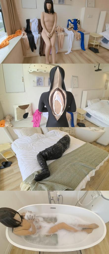 【多层填充物】缝两层打底叠穿7层zentai4层睡袋外加胶带裹木乃伊，从一开始的兴奋搞到后面皮不起来了，闷得浑身湿透，顾不上缝在身上的两层全包直接进浴缸泡澡。 这次的挑战计划是zentai穿到极限 先穿了一件薄款的打底，然后第二件是没有拉链的肤色天鹅绒，用线缝上形成完全娃娃体，合格的填充物，相当于打底就已经两层了，自己选择不同的面料继续叠穿，一直到第七层的时候手已经穿不进去了需要帮忙了<br>自动进入第二段挑战 四层睡袋外加胶带裹木乃伊，此时的脸被完全压平了，说话完全听不清楚了，妹子也从最开始的兴奋到接近崩溃就想出来，继续用胶带裹成木乃伊，此时已经连动的力气都没有了<br>在解开舒服后她感觉水分流失严重，猛喝水，浑身都被汗湿透了，顾不上身上还剩下的缝上的两层全包，直接穿着全包进入浴缸泡澡。<br>因为没有穿外搭怕和谐掉就弄了压缩包<br>解压码是：dcqbtz 解压完把后缀改成MP4