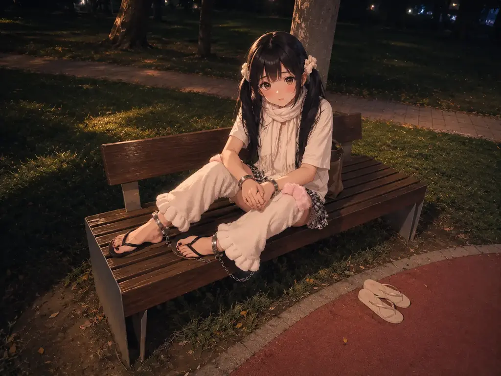 户外公园的围巾人字拖少女 - 尝试一下户外风格的二创呢！（也是个人自缚，完全自己拍摄的！也算是大佬定拍！）接定拍！需要现实的请联系（补充一张现实图放在最后面证明是自己原创） [手铐,脚铐/脚镣,外出,自缚,全身,手铐/脚铐,脚镣,自缚,镣铐,露出play]