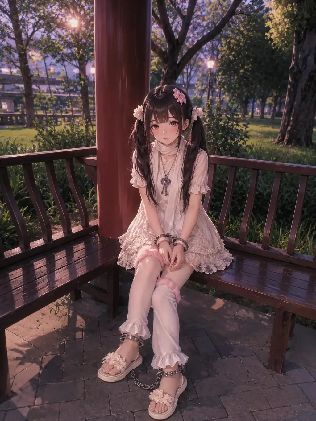 公园镣铐少女（连衣裙轻lo白天） - 这回是白天在公园的镣铐少女（穿的连衣裙，穿了裙撑看起来像lo裙）但是二创生成我想要萌妹的，又成了那种成熟气质，真不符合我的想法哈哈哈哈哈哈。最后一幅图是实拍图（接定拍哦～） [丝袜,手铐,肉丝,脚铐/脚镣,户外,日常（连衣裙）,脚镣,项链,自缚,镣铐]