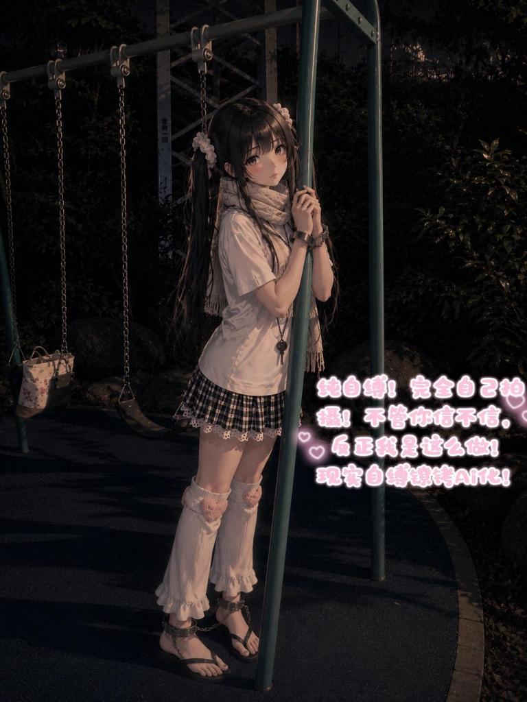 秋千的柱子上被铐住的少女 - 有一个穿着人字拖的围巾少女被锁在秋千的柱子上了～当然是自己锁的自己拍的。偶尔个别情况有一个人突然冒出来但是他没往这边看所以还是很惊险的。还是冒着风险接的大佬的定拍～我把原图动漫化二创了一下～接定拍/套图～ [手铐,脚铐/脚镣,户外,放置,外出,自缚,脚镣,柱子缚,自缚,镣铐]