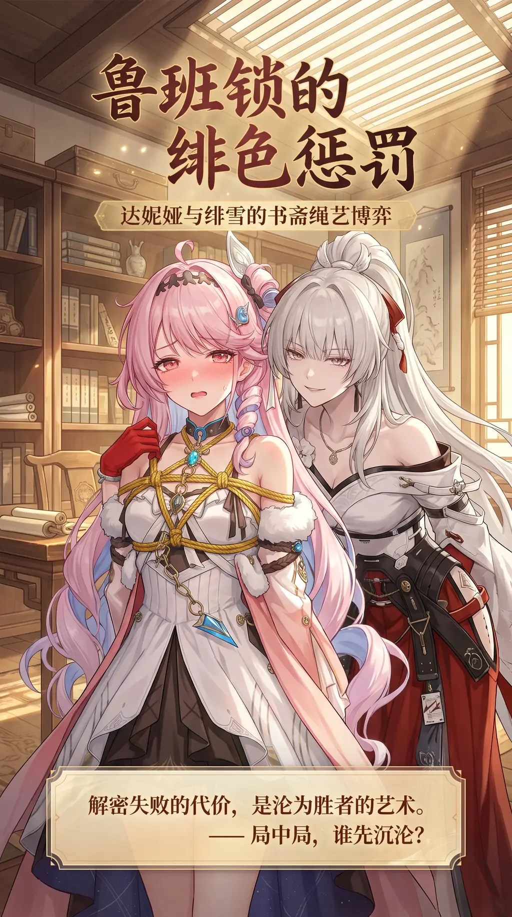 鲁班锁的绯色惩罚 - 书斋正午，绯雪与达妮娅博弈鲁班锁，输者甘做“艺术模特”。达妮娅胜出，轻捻黄绳步步逼近，要在清冷佳人身上缚出最完美的菱形……前两张为杂图感谢支持