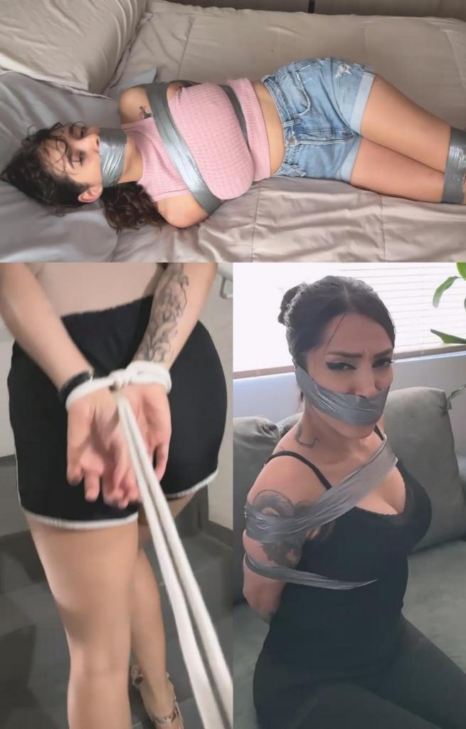 Luana Finds a Way to Save Simona: Mara's Help 卢安娜正在想办法营救被她欠债的黑帮分子绑架的西蒙娜。她试图联系敌对帮派成员玛拉，看看她是否愿意帮忙。计划是让卢安娜假装交出玛拉，进行一场虚假的人质交换，这样西蒙娜就能获救，而玛拉也能给她的对手一个惊喜。<br><br>淡入。<br><br>卢安娜坐在客厅里打电话。<br><br>卢安娜：你确定你联系不上她吗？都好几天了。西蒙娜可能时日不多了。<br><br>*听着电话*<br><br>卢安娜：好的……请你继续尝试联系她。找到她就告诉我。回头再聊。<br><br>卢安娜挂断电话，看了看手表。她起身开始走，却被玛拉突然出现并捂住了嘴。<br><br>玛拉：我听说你一直在找我。你真是锲而不舍。<br><br>卢安娜嘴里塞着东西，发出呜咽声。<br><br>玛拉：我不知道你是谁，但我不信任你。所以我们得好好认识一下。不过首先……<br><br>玛拉掏出一卷胶带，卢安娜呜咽得更厉害了。<br><br>玛拉：让开！<br><br>淡出<br><br>淡入<br><br>镜头切换到卧室。卢安娜被推倒在床上。她全身都被胶带缠住，具体如下：手腕交叉成“X”形，用胶带缠绕、缠绕、穿过；脚踝、膝盖上下、胸部上下也都缠上了胶带。<br><br>卢安娜翻来覆去地挣扎了一会儿。<br><br>过了一会儿，玛拉回来了。她抓住卢安娜，让她坐起来。她抓住卢安娜，开始审问她。<br><br>玛拉：嗯，这里很安全，初步搜查显示你很干净。但我希望你回答我的问题……嘴里塞着东西，尽量回答。<br><br>卢安娜哼了一声。<br><br>玛拉：你是不是为我的对手工作？<br><br>卢安娜摇头否认。<br><br>玛拉：你是不是为警察工作？<br><br>卢安娜摇头否认。<br><br>玛拉：*停顿*……好吧。但如果你敢惹我，就别想离开这里。她开始解开卢安娜的绳子，画面逐渐淡出。<br><br>画面再次淡入。卢安娜被解开了绳子，在公寓的沙发上向玛拉解释自己的处境。<br><br>卢安娜：你看，这或许是你彻底干掉他的机会。<br><br>玛拉：我想是的。但你确定你能说服他吗？<br><br>卢安娜：如果你愿意做我们之前说好的。<br><br>玛拉：我不喜欢当诱饵，但是……我恨那家伙。我愿意。我们可以用之前那卷胶带。<br><br>玛拉把之前那卷胶带递给卢安娜。她伸出双手，让卢安娜绑住。<br><br>卢安娜：我觉得最好是……<br><br>玛拉：唉，好吧……<br><br>玛拉的手腕被胶带缠绕，特写镜头。淡出<br><br>淡入。玛拉现在完全被胶带缠住了。<br><br>卢安娜：抱歉，但是……*她举起一块布堵住玛拉的嘴*<br><br>玛拉：拜托，太过分了。你还不够吗？<br><br>卢安娜：听着，这必须看起来逼真。再说，我得给他发视频，让他相信。<br><br>玛拉：好吧。继续。<br><br>卢安娜用布塞住玛拉的嘴，然后用胶带把她的嘴缠起来。<br><br>卢安娜随后打电话给绑架西蒙娜的歹徒。她告诉他自己抓住了玛拉，并提出用玛拉交换西蒙娜。然后她放下手机去拍摄玛拉挣扎的视频。<br><br>玛拉挣扎了一会儿。卢安娜回来了，告诉玛拉交易成功了。她割断了玛拉脚踝上的胶带，把她带到公寓门口。玛拉走出房门，西蒙娜走了进来。<br><br>西蒙娜双手被细细的白绳子绑在身后，嘴里塞着一条打结的丝巾。<br><br>卢安娜把西蒙娜带进公寓，帮她解开了绳子。姐妹俩激动地拥抱在一起，西蒙娜向卢安娜道谢。<br><br>卢安娜告诉西蒙娜她们必须马上离开，因为玛拉的手下即将设下埋伏。她们从阳台上离开了。<br>Luana is coming up with a plan to rescue Simona after she was taken away by a gangster she owed money to. She is trying to reach out to Mara, who is a rival gangster, to try and see if she will help her. The plan is to have Luana pretend to hand over Mara in a fake hostage exchange so that Simona can be rescued and Mara can surprise her rival and enemy.<br><br><br><br>Fade in.<br><br><br>Luana is sitting in her living room, talking on her phone<br><br><br><br>Luana: And you’re sure you haven’t been able to get in contact with her? It’s been several days. Simona may not have much time left<br><br><br>*Listens to phone*<br><br><br>Luana: Okay… please just, keep trying to reach out. Let me know when you find her. Talk to you later<br><br><br><br>Luana hangs up and checks her watch. She gets up and begins to walk, and is surprised and handgagged by Mara<br><br><br><br>Mara: I hear you’ve been looking for me. You’ve been most persistent.<br><br><br><br>Luana mmmpphs through handgag<br><br><br><br>Mara: I’m not sure who you are, but I don’t trust you. So we’re gonna get to know each other. But first…<br><br><br><br>Mara pulls out a roll of duct tape, Luana mmphs more<br><br><br><br>Mara: Move!<br><br><br><br>Fade out<br><br><br><br>Fade in<br><br><br>now in bedroom. Luana is pushed onto the bed. She’s fully taped as follows: her wrists in a crossed “X” and wrapped around, over and through with duct tape. ankles, above and below knees, and above and below breasts.<br><br><br>Luana rolls around and struggles energetically for a while. <br><br><br><br>After a short while, Mara returns. She grabs Luana and sits her up. She grabs her to interrogate her<br><br><br><br>Mara: Well, the area is secure, and my initial search seems to show that you're clean. But I want you to answer my questions… as well as you can with the gag in your mouth.<br><br><br><br>Luana mmphs.<br><br><br><br>Mara: Are you working for my rival?<br><br><br><br>Luana shakes her head no<br><br><br><br>Mara: Are you working for the police?<br><br><br><br>Luana shakes her head no<br><br><br><br>Mara: *pauses*... okay. But if you cross me, you’re not getting out of here. She begins to untie Luana as the scene fades out.<br><br><br><br>Fade back in. Luana is untied and explaining her situation to Mara on the apartment couch.<br><br><br><br>Luana: So you see, this could be an opportunity for you to final take him out.<br><br><br><br>Mara: I guess so. But are you sure you can sell this to him.<br><br><br><br>Luana: If you’re willing to do what we talked about.<br><br><br><br>Mara: I don’t love the idea of being bait, but... I hate that guy. I’ll do it. Here we can use the tape from before.<br><br><br>Mara hands Luana the duct tape from before. She puts her hands out in front to be tied by Luana<br><br><br><br>Luana: I’d think it would be better if…<br><br><br><br>Mara: Ugh fine…<br><br><br><br>Close up of Mara’s hands as she has her wrists taped over around and through. Fadeout<br><br><br><br>Fade in. Mara is now fully taped<br><br><br><br>Luana: Sorry about this but… *she holds up a cloth to gag Mara*<br><br><br><br>Mara: Cmon thats too much. Haven’t you done enough already?<br><br><br><br>Luana: Look, this has to look real. Besides, I have to send him video for him to believe this.<br><br><br><br>Mara: fine. Go ahead<br><br><br><br>Luana stuffs cloth in Mara’s mouth and applies a wraparound tape gag<br><br><br><br>Luana then makes a call to the gangster holding Simona. She shows him that she’s captured Mara and offers to make an exchange for Simona. She then leaves her phone to get a video of Mara struggling.<br>After Mara struggles for a while. Luana returns, and tells Mara that the deal is on. She cuts the tape on Mara’s ankles and walks her to the front of the apartment. Mara walks out the door and in walks Simona.<br>Simona is has her handstied behind with thin white rope. She’s gagged with a knotted cleave silk scarf.<br>Luana walks Simona into the apartment and helps untie her. The sisters emotionally embrace and Simona thanks Luana.<br><br><br><br>Luana tells Simona they have to leave now, as the Mara’s men are about to spring their ambush. They exit out the balcony