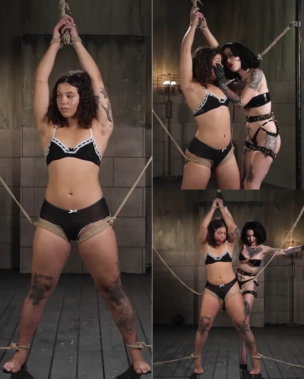 Punishing the New Girl First time at Kink.com, sweet and quiet Nico Luva is in for a hardcore dungeon treat with Arson Leigh dominating her slutty ass. To begin Nico is standing tied up to two poles with arms raised above her head. Decked out in a sexy black latex bikini and spike heels, Arson inspects and savors the pretty little thing that got caught in her web. No matter how much Miss Luva struggles she can’t get away from the Empress who is about to put her in her place even more than she already is. Arson is going to make a mess of her innocent plaything starting with spanking her ass and reminding Nico she is a hole simply there to please Leigh. Now with a mouth-gag making her drool, Nico is told to stand on her tiptoes and rub her pussy against the top of Arson’s high heel. As Nico’s eye glaze over with pleasure Arson orders her to stop because it’s not time to feel that good yet, she hasn’t earned it and then whips her ass with the flogger making Nico squeal. 