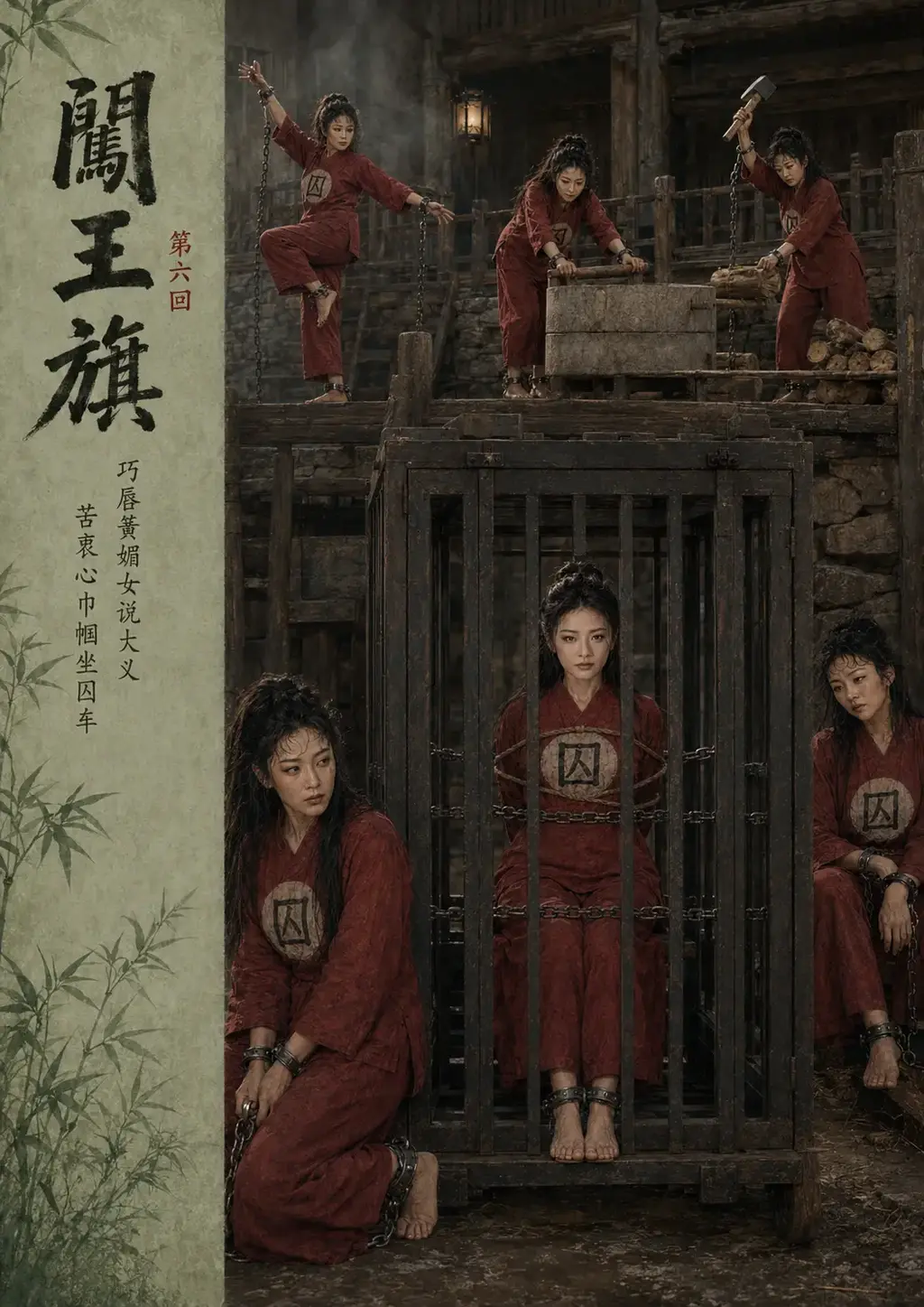 [连载]《闯王旗》第六回（古装红罪衣女犯题材）【AI画册，电影级质感】 - 杨顺与付天标押送陆燕等来到五峰山劝降高玉贞，五峰山女将及女兵会面临什么命运？ 
正文从第四幅画开始，第六回是我们故事下半部分的起点，女犯戏份会逐渐增加，对于女犯剧情，我们会毫不吝啬的制作，第六回正文有90幅图像，附赠三幅女犯画像。
这一回的女犯戏份和元素非常多，也加入了冰雕三角刑罚、女犯押送，也加入了拷打女犯情节。
AI真人影像创作不易，每一页均为精心制作，调整人脸前后一致，均花费不少功夫，只为尽可能呈现一部能够值得收藏的精品。
请感兴趣的朋友多多支持与交流，哪怕只有一个读者，哪怕是面临剧透，我们照样会更新到最后！