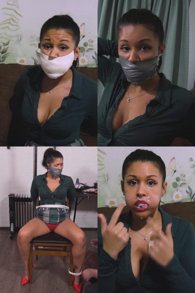 Calisa Bliss - Gag Talk Training 作为一名特工的妻子，卡莉莎必须接受口塞训练，以便在她被绑架勒索时更容易被理解。她已经接受过训练，但显然一些特工谎称他们的妻子也完成了训练，因此一名合规官员来到她家，要求她再次进行口塞训练以便录像。卡莉莎不耐烦地照做了，但这会不会只是个骗局呢？<br><br>口塞1：<br><br>卡莉莎将一块手帕塞进嘴里，并在牙齿间缠上一英寸宽的黑色电工胶带。<br><br>口塞2：<br><br>接下来，她将两条丁字裤塞进嘴里，并在嘴上贴上一堆银色胶带。<br><br>口塞3：<br><br>卡莉莎将一条长长的粉色豹纹薄纱围巾塞进嘴里，并在嘴唇上贴上一条四英寸宽的医用胶带。<br><br>恶作剧4：<br><br>卡莉莎用一条连裤袜塞住嘴，并用三条3英寸宽的微孔泡沫胶带封住。<br><br>恶作剧5：<br><br>卡莉莎被要求把一只紫白条纹的袜子塞进嘴里，然后被带走。她被绑在椅子上，最终嘴里塞了一块手帕和两个海绵球，并用缠绕在她头上的乙烯基胶带固定住（在故事情节部分没有直接显示，但在结尾的幕后花絮中出现）。As the spouse of a special agent, Calisa was required to undergo gag talk training so she’d hopefully be more understood if she was ever grabbed and ransomed. She already did the training but apparently a number of agents falsely claimed their spouses completed it, so a compliance officer arrives at her house, asking her to do it again so he can get it on video. An annoyed Calisa complies, but is the whole thing a ruse?<br><br>Gag 1:<br><br>Calisa stuffs a hanky in her mouth and wraps 1-inch black electrical tape between her teeth.<br><br>Gag 2:<br><br>Next, she pushes 2 thongs past her lips and plasters a bunch of silver duct tape strips over her mouth.<br><br>Gag 3:<br><br>Calisa works a long pink leopard print sheer scarf into her mouth and smooths a 4-inch strip of tegaderm over her lips.<br><br>Gag 4:<br><br>Calisa packs her mouth with a pair of pantyhose and seals them in with 3 strips of 3-inch microfoam tape<br><br>Gag 5:<br><br>Calisa is asked to stuff a purple and white striped sock into her mouth and is taken away. Now tied to a chair, she is eventually gagged with a hanky and 2 sponge balls, held in with vinyl tape wrapped around her head (not shown onscreen during the storyline part of the clip but as behind the scenes at the end).
