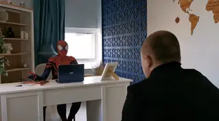 Spidergirl/Meeting at the office Spider girl disguised as a journalist comes to the office of an authoritative thug. She needs to find information to put him behind bars