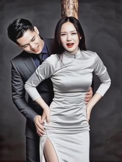 女嘉宾被男主持人吊绑在木柱上按摩推拿大腿 人物造型和动态，全用AI生成