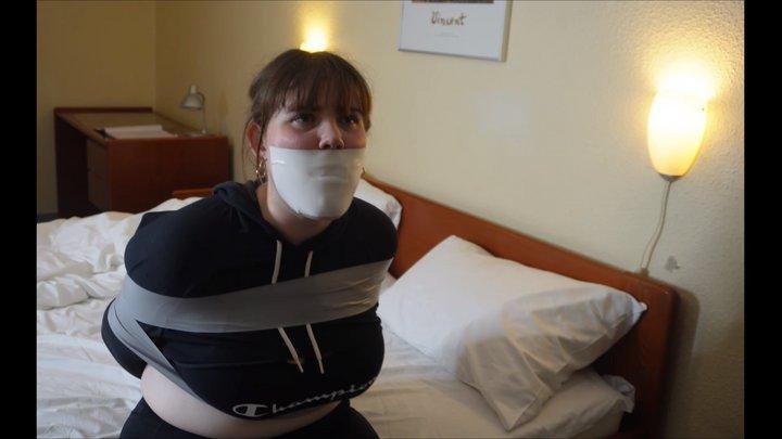 Snowflake - Competition Trouble Snowflake - Competition Trouble<br><br>Snowflake comes tired home from the gym - checking her self out in her sexy tight gym clothes. She is surprised from behind and dragged out off the way. Angry and frustrated she gets taped up (on-screen) with heavy duct tape. The goon gets sp tired off all her yapping that he packs a pair of her worn panties in her mouth and gag her up real good with microfoam tape. He then throws her down on the bed. <br><br>Snowflake struggles all she can while the guy makes a little phone call, to tell that Snowflake will not making it for the competition for tomorrow. He tells her that she will spend the night like this for tomorrow morning.