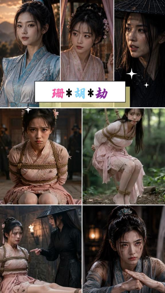 【Jim·AI·古装剧情】珊·胡·劫-第一话； 狭路相逢、粉裙小姐陷落、女匪首大刑审问；艰难脱身、紧急求援、青衣女侠却遭羞辱！ 筹备许久的ai新视频终于上线了，首部多女写实风格，是我最喜欢的古装武侠故事（当然服装有改良：短裙、丝袜、紧身长靴……）狭路相逢，劫数难逃！<br>第一话主要迫害粉衣小姐：五花胸缚、吊缚（脚尖点地 驷马横吊）、白布勒嘴、鞭笞、各种TK、地牢老虎凳，当然还有无尽的语言羞辱……应有尽有！而这显然只是一个开头，熟悉我编剧风格的朋友都知道，女侠女匪这类有战斗力的才是我最喜欢的猎物……另外一个小彩蛋：三女主（小姐梅珊珊、女侠胡树清、女匪萧妍）的建模借鉴了一些老面孔，不知道新老同好们能看出来吗^-^（男反派我又很不要脸的以身入局了hhh）<br>【PS】包括这部在内的很多AI剧情都有配套的套图上传，很多朋友反映找不到，需要进入图区后再点击一下“纯AI”的tag哦<br>【PPS】AI视频技术出现会让许多同行一面嗤之以鼻，一面惊恐不安，我以为大可不必，而是积极学习与之共存。很早就开始用Grok绘制套图和插图，个人认为目前人工智能的影像生成有如下优点：外观和布景设计省时省力（尤其是古装、外景）、成本较低；试错、调整便捷；人物的颜值身材优于大部分真人模特；<br>不足也显而易见：中国获取渠道有限；无法完成复杂的捆绑过程；动作细节经常失真；难以生成特定部位刺激的画面；台词和嘴形常常对不上。这些正是线下工作室可以精进的要点。<br>（能力有限，不接定制不收徒，但欢迎后台留言提供宝贵意见与建议！）<br>