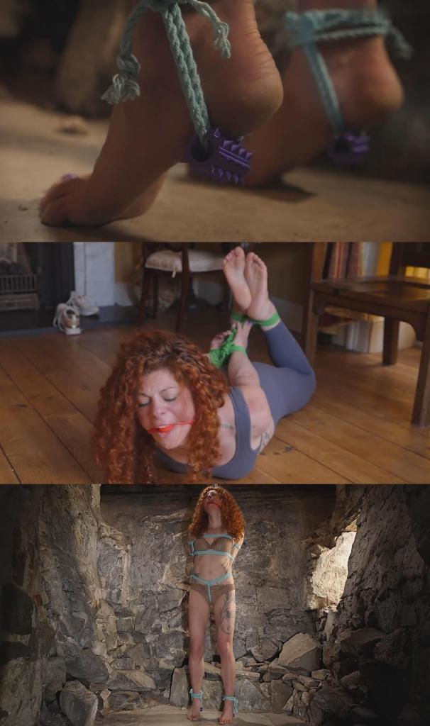 Punished Personal Trainer Lola Montez On Her Toes (VID1041) 私人教练洛拉·蒙特兹没什么耐心。她让她的私人客户进行一项高强度训练，其中一项是不断鼓励他们踮起脚尖。这项训练可以增强臀部肌肉，对大腿和核心肌群也有好处——但当客户做不到时，洛拉却斥责他们懒惰。一位客户忍无可忍，课后跟踪了她。他把她拖到车后，把她绑起来，塞进后备箱，然后开车扬长而去，而她还在踢打挣扎！<br><br>到了客户家，他把她从车里拉出来，强迫她跳到走廊，然后把她五花大绑地绑在地板上。他脱掉她的运动鞋，让她光着脚，穿着运动服。他用一个鲜红色的球形口塞堵住她的嘴，让她保持安静，然后去他的地牢里为她准备一项特殊的训练。洛拉挣扎、踢打、流口水，她那头漂亮的红发四处飞扬，因为他似乎特别关注她那双美丽的赤脚。<br><br>当他把她带进地牢后，她才明白原因。现在她只剩下胸罩和内裤，被用惩罚性的胯绳和胸带绑在天花板上。但真正的痛苦来自她的脚——他用带刺的滚轮绑住了她，滚轮深深地扎进她柔软的、布满皱纹的脚底！这让她不得不时刻保持踮脚尖，因为如果她放松腿部肌肉，就会踩到那些尖刺——这绝对是一种难受的体验。更糟糕的是，他还播放了她上课时自己鼓励她保持踮脚尖的录音——她简直不敢相信自己竟然如此懒惰。她的双腿还能坚持多久，才会因为颤抖和摇晃而失去平衡，不得不把全身的重量都压在那些可怕的尖刺上呢？Personal Trainer Lola Montez is not very patient. She's getting her private clients to do a tough workout which involves lots of exhortation to get up onto their tiptoes. It strengthens the glutes, is good for the thighs and the core - but when the client struggles to do it, Lola just slags them off for being lazy. Disgruntled, one of the clients has had enough and follows her after the class. He drags her to the back of his car and ties her up, puts her in the trunk and drives off with her still kicking and struggling!<br><br>When they get to the client's house he gets her out of the car and obliges her to hop into the hallway, then he gets her tied in a hogtie on the floor. He takes off her trainers leaving her barefoot in her workout gym clothes. He gags her with a bright red ballgag to keep her quiet while he goes to prepare a special workout session for her in his dungeon. Lola struggles and kicks and drools and her magnificent red hair goes flying, as he seems to pay special attention to her beautiful bare feet.<br><br>She discovers why once he gets her into his dungeon. Now stripped down to her bra and panties, she is roped up to the ceiling with a punishing crotchrope and chest harness. But the real pain comes from her feet - he has tied her with spiked rollers digging into her soft wrinkled soles! That keeps her absolutely on her toes because if she relaxes her leg muscles, she treads on the spikes - an uncomfortable experience indeed. To make it worse he plays back a recording of her own voice from the class exhorting her to stay on her toes - she can believe she is so lazy. How long can her legs hold out before the wobbles and tremors mean she loses it and has to rest her weight on the wicked spikes?