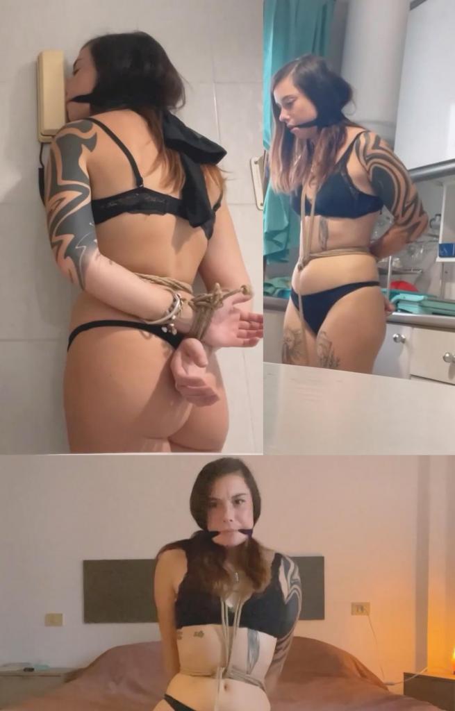 Escape attempt 我被绑在卧室里，双手反绑在背后，嘴也被堵住了。我拼命挣扎，想解开绳子。我试图跳出卧室，一路跳到客厅和厨房，想出去，却发现门关上了。我在厨房里寻找可以解开绳子的东西，但一无所获。我摸到一部电话，试图在被绑的情况下拨打一个号码。这一切最终会如何收场呢？I am tied up in the bedroom with my hands behind my back and gagged, and I do everything I can to try to untie myself. I try to hop away tied up out of the bedroom. Hopping tied up, I reach the living room, the kitchen, try to get out, but the door is closed. I look in the kitchen for something to untie myself but unfortunately find nothing. I reach a phone and try to dial a number while being tied up. How will this end?