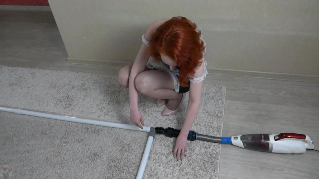 Maid in clear new vacbed Have you noticed that Sonia has a new uniform. The old maid's uniform is already worn out. The girl loves her job very much. She especially likes vacuuming. Sonia could not get past her new vacuum bed.